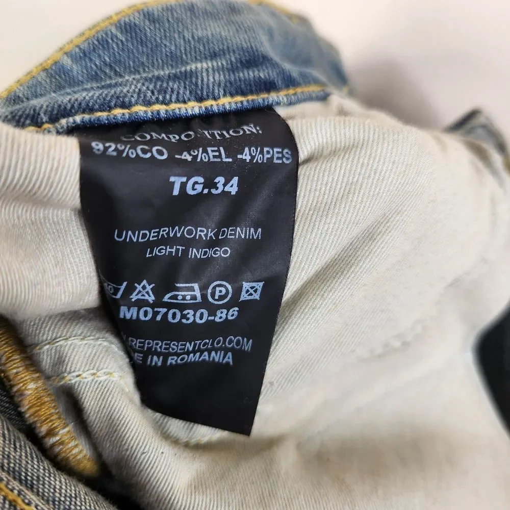 Represent Mens Underwork Denim Light Indigo Distressed Skinny Jeans 34
